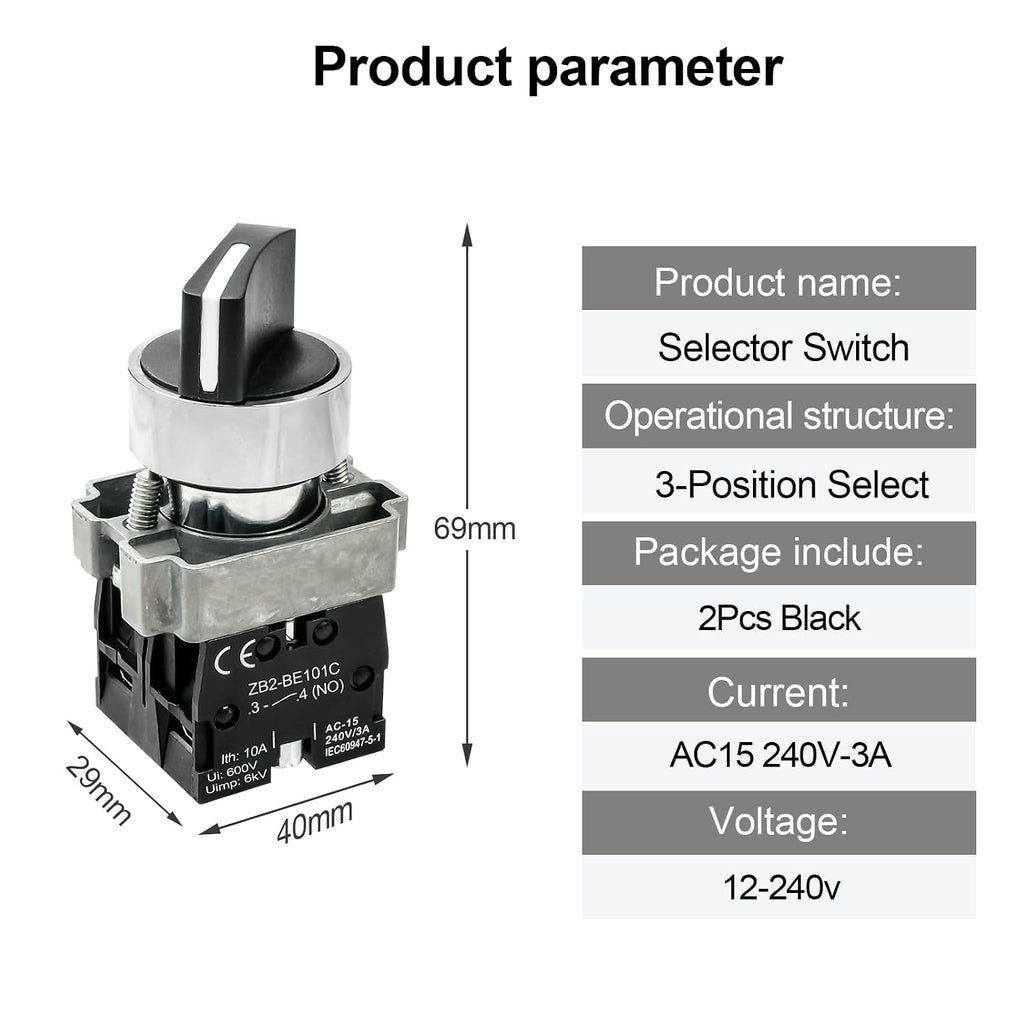 2-Pack Black 3-Position Metal Head Selector Switches, 2NO