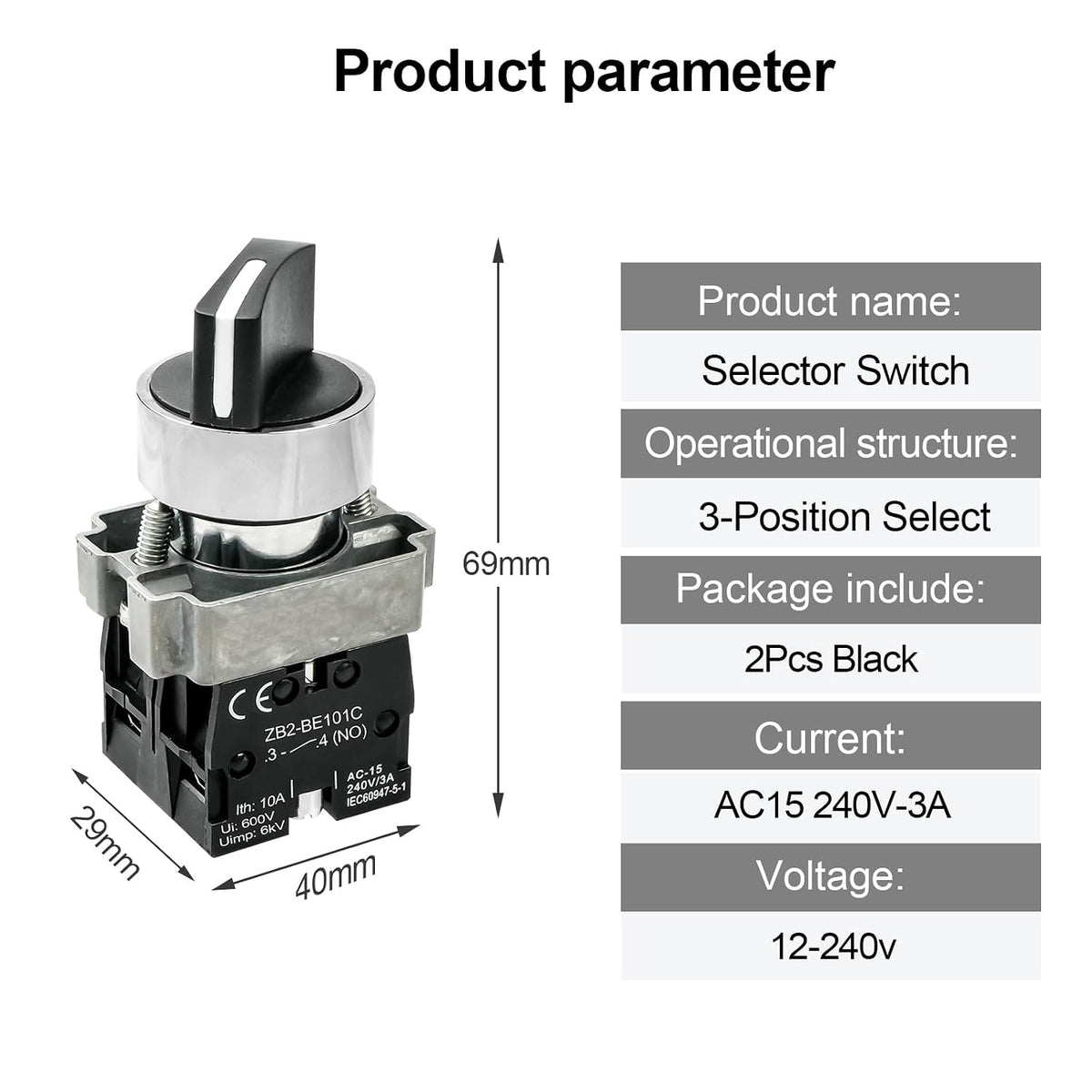 2-Pack Black 3-Position Metal Head Selector Switches, 2NO