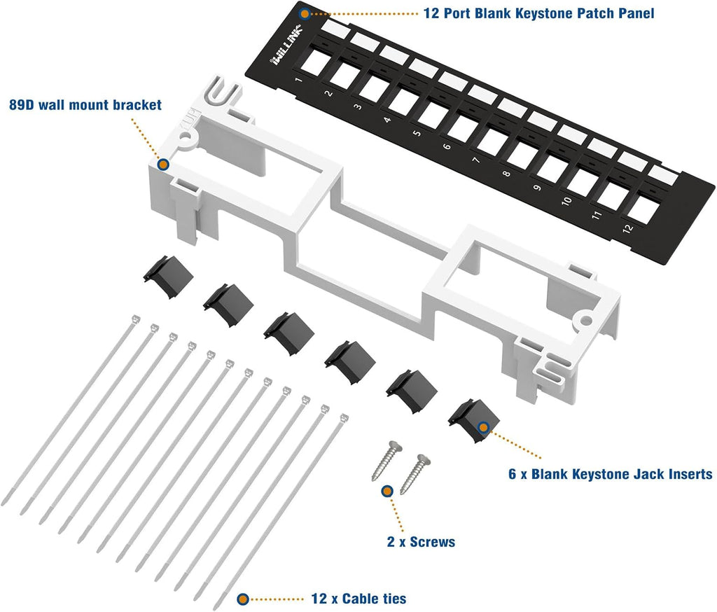 iwillink Blank 12 Port Keystone Patch Panel with 89D Wall Mount Bracket