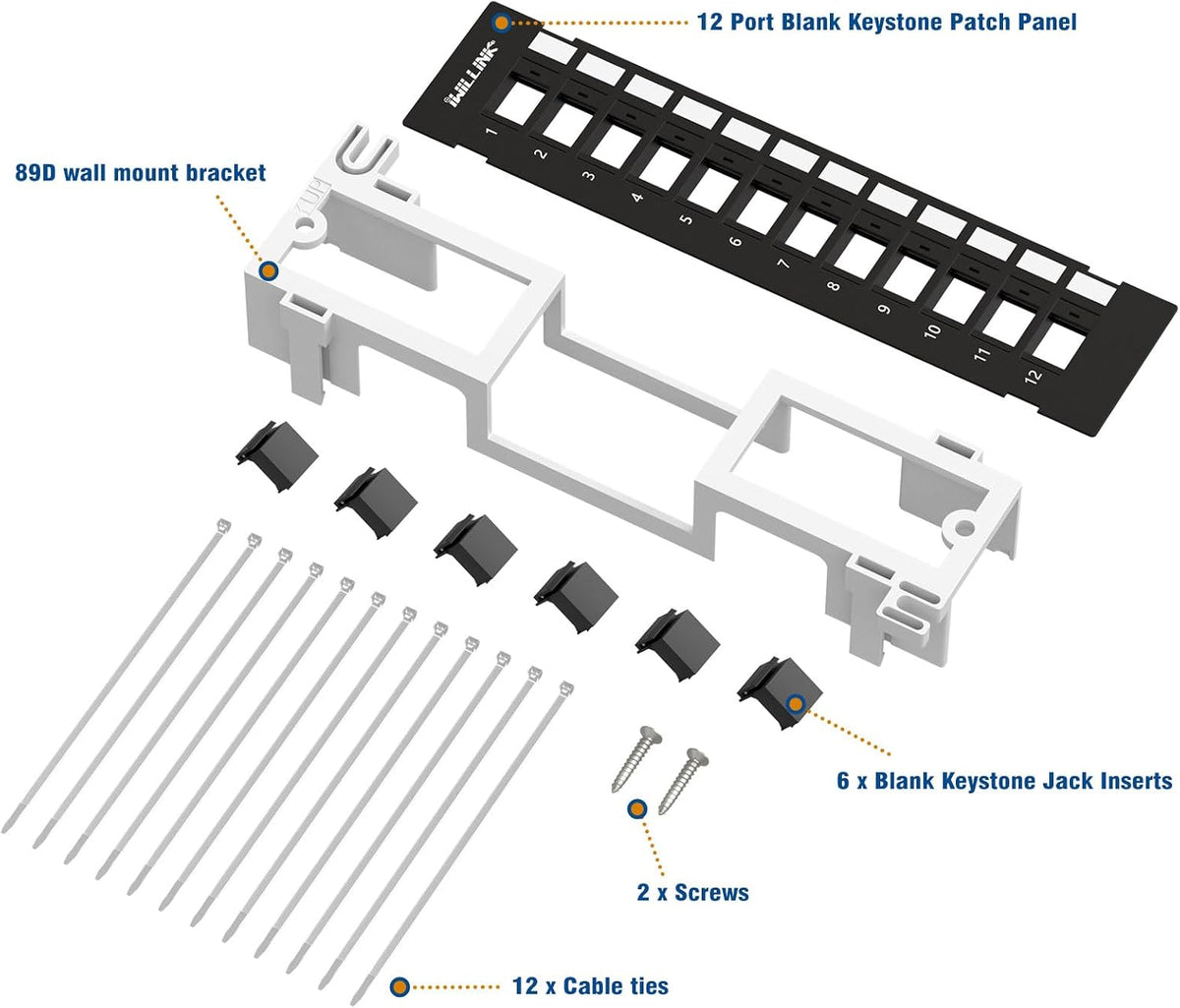 iwillink Blank 12 Port Keystone Patch Panel with 89D Wall Mount Bracket
