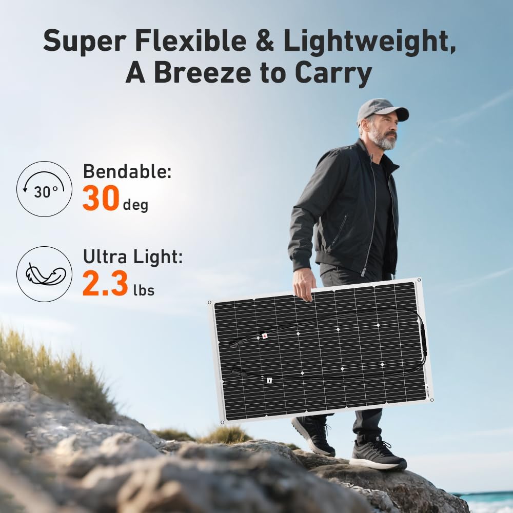 200W Flexible Solar Panels, 2-Pack, 18V, ETFE, for 12V Systems | Two 100W semi-flexible monocrystalline panels with