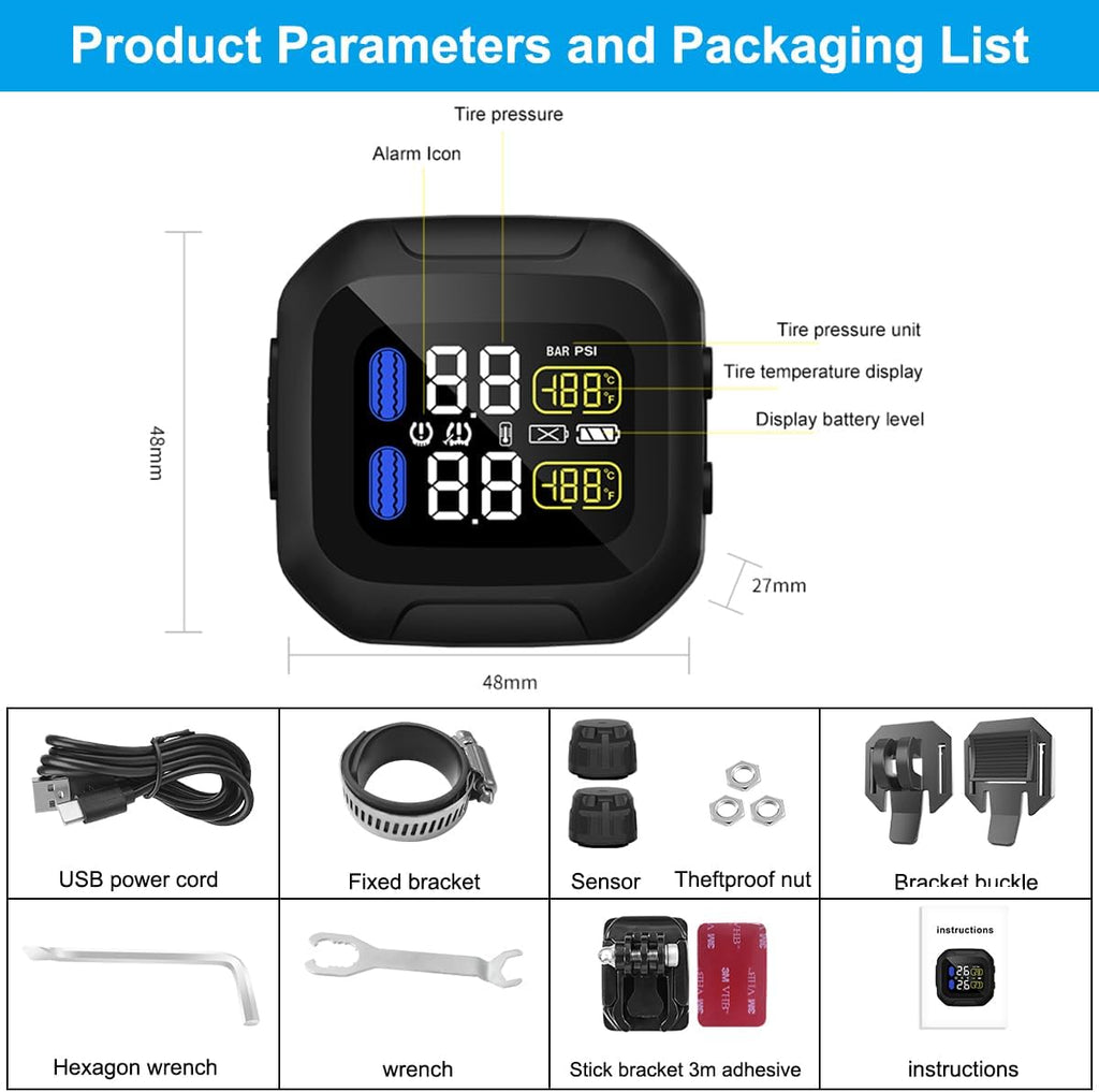 Motorcycle TPMS with 2 External Sensors, USB Rechargeable，LCD Display | Wireless TPMS for Two-Wheeled Motorcycles