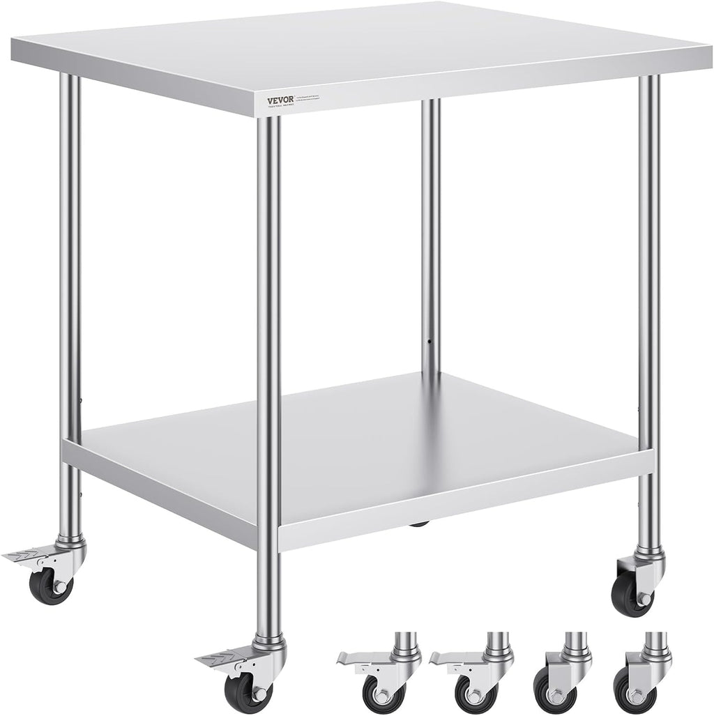 Stainless Steel Work Table 30 x 36 x 38 Inch, with 4 Wheels, 3 Adjustable Height Levels, Heavy Duty Food Prep