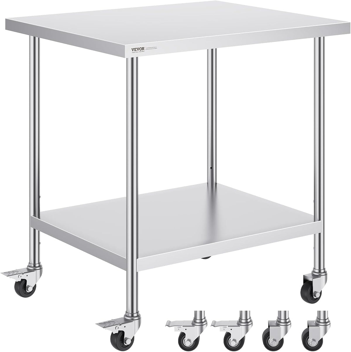 Stainless Steel Work Table 30 x 36 x 38 Inch, with 4 Wheels, 3 Adjustable Height Levels, Heavy Duty Food Prep