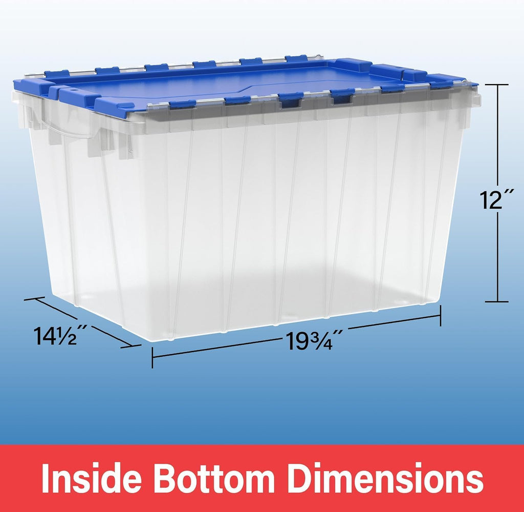 KeepBox 12 Gal Storage Box, Lid Attached, Stackable, Clear/Blue