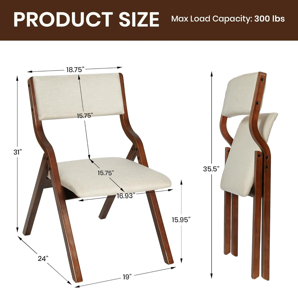 Stackable Foldable Chairs Set of 4, Fully Assembled Padded Fabric Upholstered Seat with Solid Wood Frame, for