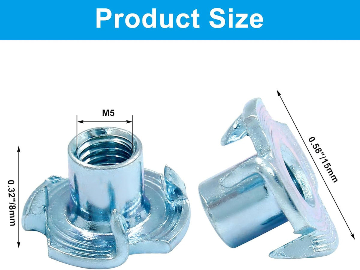 Hitefu M5 X 8mm T-Nut, 4 Pronged, Zinc Plated, 60Pcs