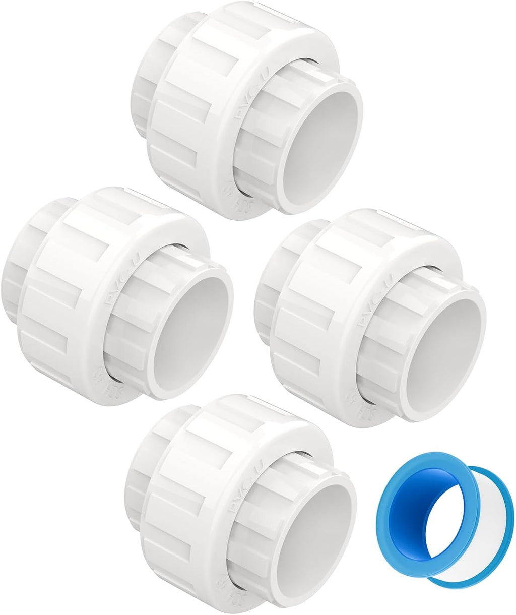4 PCS 3/4" PVC Union Coupling Pipe Fitting, Slip Joint Adapter PVC Connectors (Socket x Socket), Built-in EPDM O-Ring, Schedule 40, Ideal for Pool Pump, Irrigation Systems, Plumbing, DIY Projects