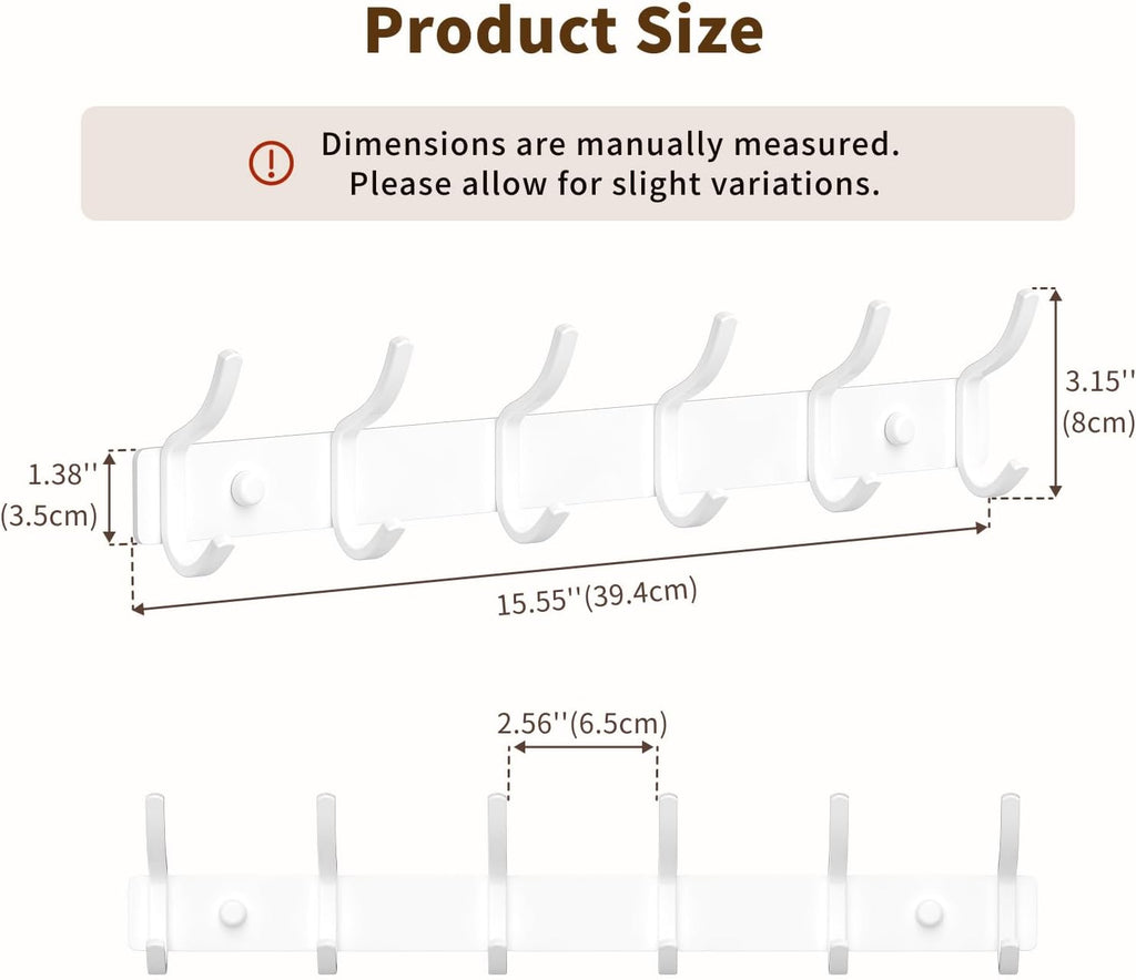 White Coat Rack Wall Mount - 15 Inch Arc Shaped Design with 6 Hooks for Hanging Coats, Bags, and Towels in Entryway