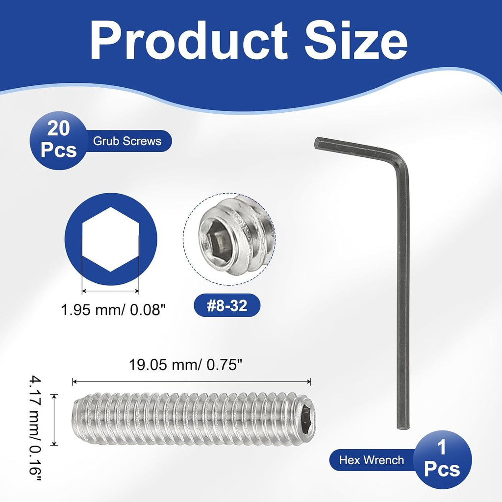 PATIKIL #8-32x3/4 Hex Socket Set Grub Screws 304 Stainless Steel 20Pcs