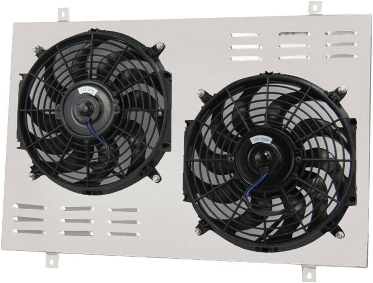 CC1451 Aluminum Crossflow Radiator Shroud with Electric Fan for 1985-1997 Ford F150 F250 F350 Bronco 5.0L/5.8L V8 1986 1987 1988 1989 1990 1992 1993 1994 1995 2x12" Fans Thermostat Relay Kit