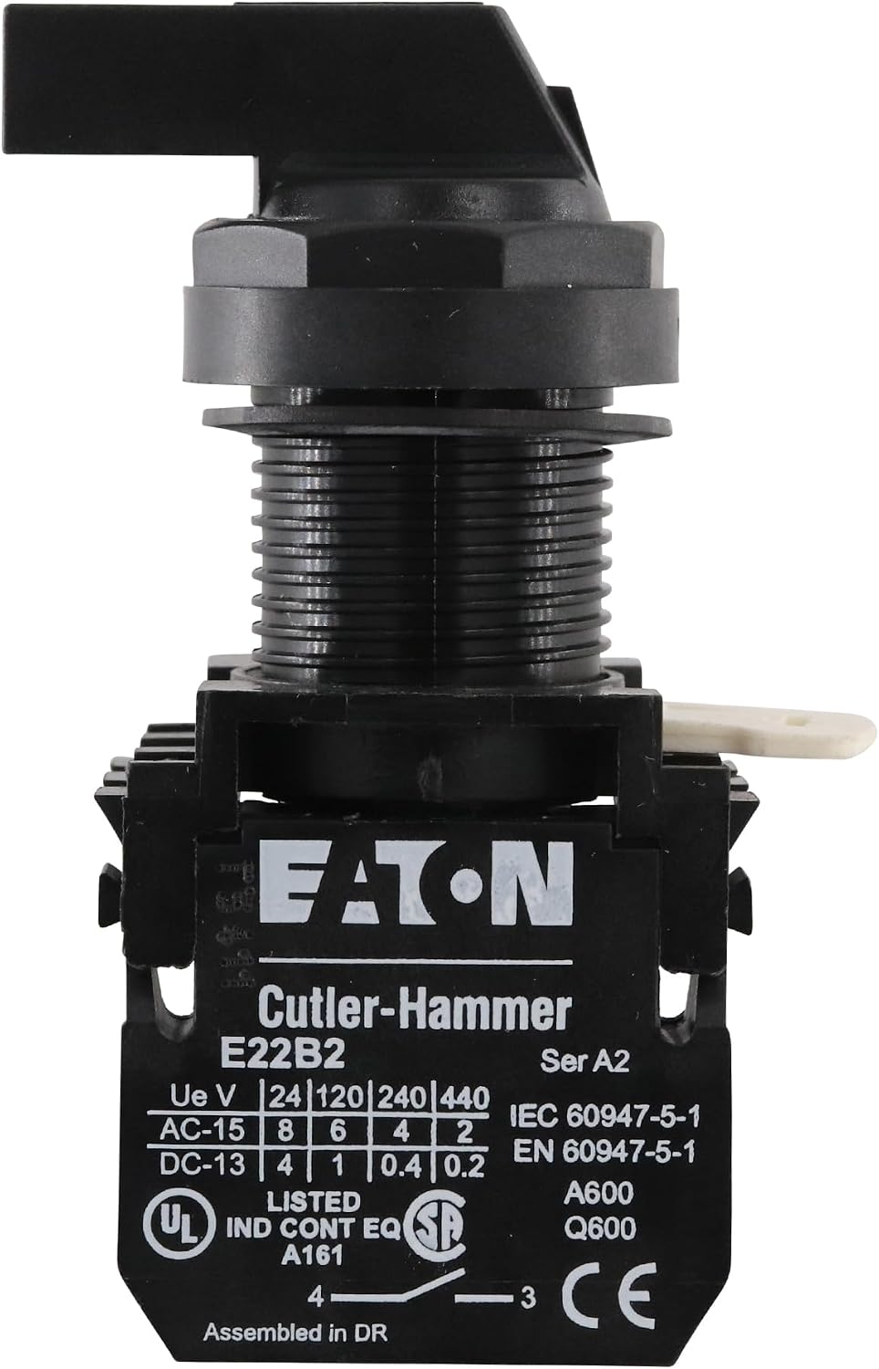 EATON E22VBF1A Momentary Lever Selector Switch, 2-Position, 1NO Contact, Black