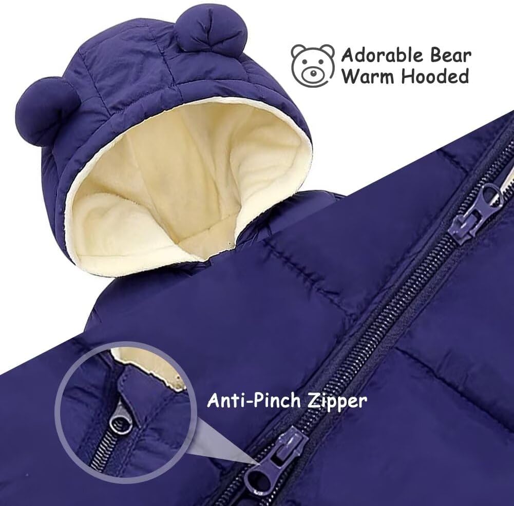 Baby Boys Girls Snowsuit Newborn Cozy Winter Coat Infant Bear Hooded Jumpsuit Toddler Snow Outfit for 0-24 Months
