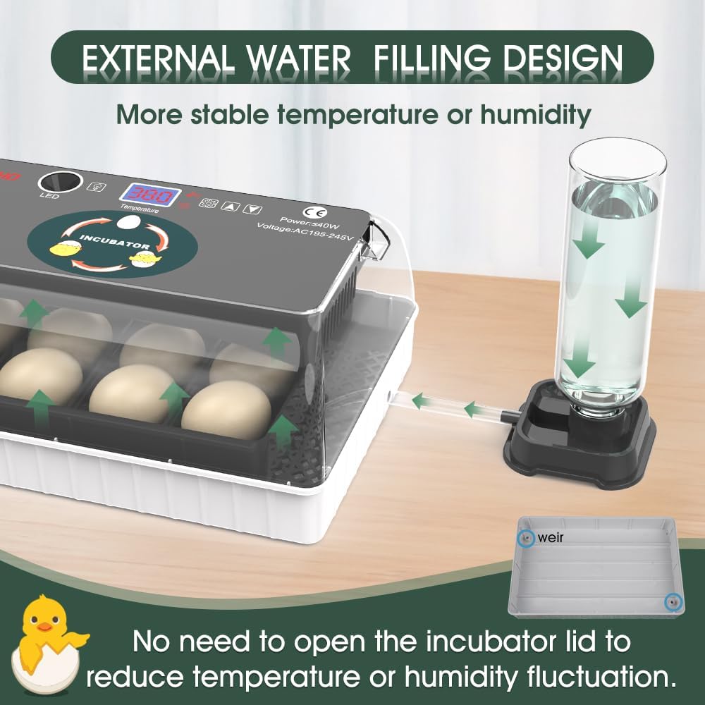 12 Egg Incubator - Automatic Egg Turner, Temperature Control, Built-in Candler, Auto Water Refill for Hatching