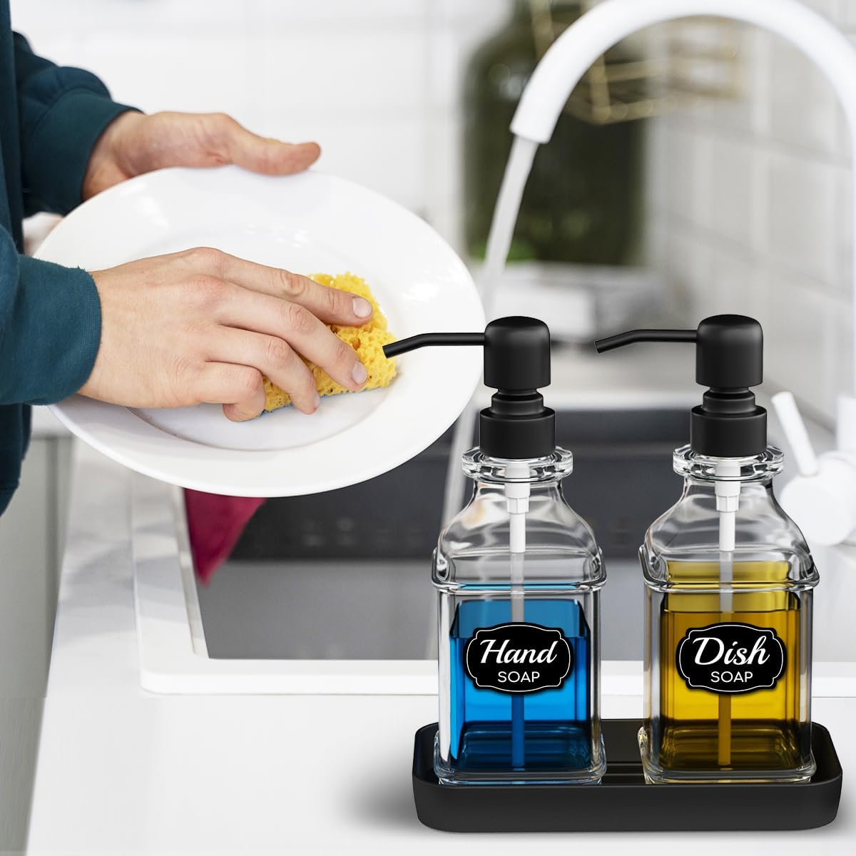 Soap Dispenser - 2 Pack, Antique Design Thick Glass Hand Soap Dispensers with Sturdy Tray; 304 Rust Proof Stainless