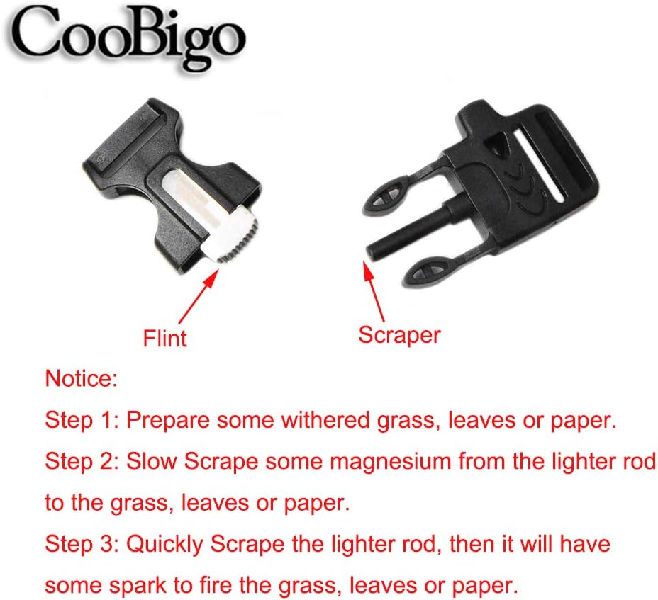 10Pack 3/4" (19mm) Fire Starter Survival Whistle Buckle Flint Scraper for Paracord Bracelet Key Lanyard Ourdoor