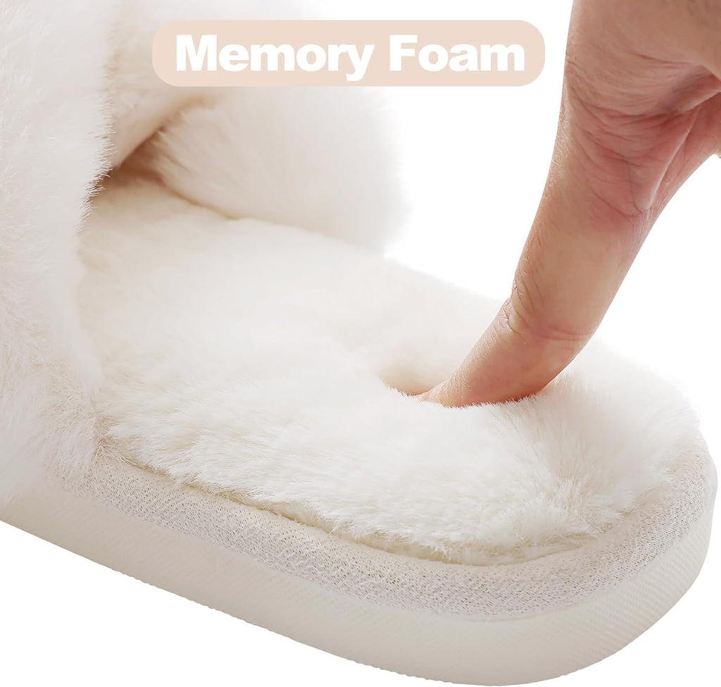 Memory Foam Fuzzy House Slippers for Women | Faux Fur Cross Band Open Toe Indoor Slippers, Gifts for Women, Moms and