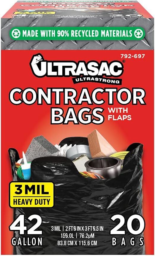 Contractor Bags 42 Gallon (20 PACK/w FLAP TIES), 32.75 x 44.5-3 MIL Thick Large Black Heavy Duty Industrial Garbage