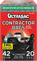 Contractor Bags 42 Gallon (20 PACK/w FLAP TIES), 32.75 x 44.5-3 MIL Thick Large Black Heavy Duty Industrial Garbage