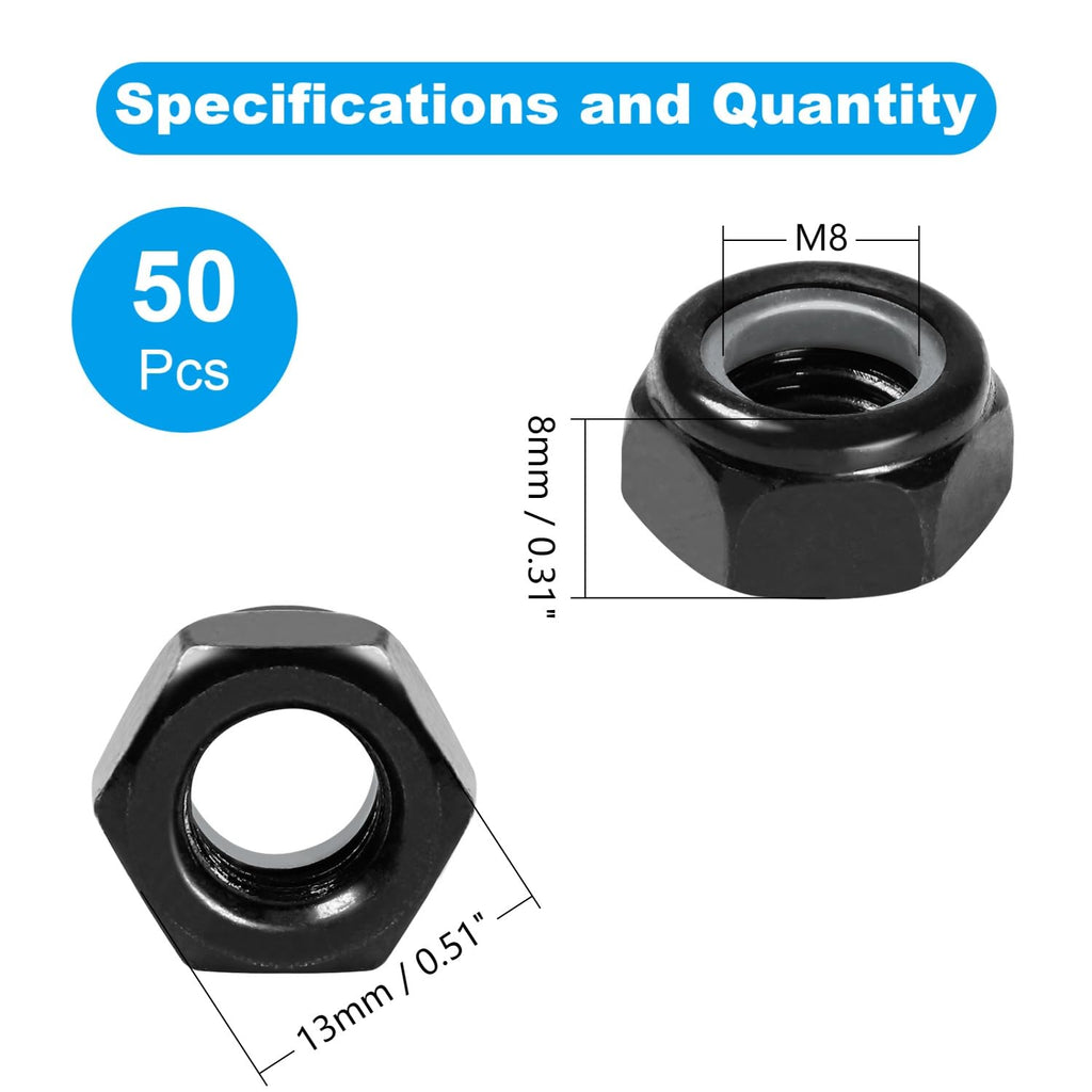 50Pcs M8 x 1.25mm Nylon Insert Hex Lock Nuts Locknuts