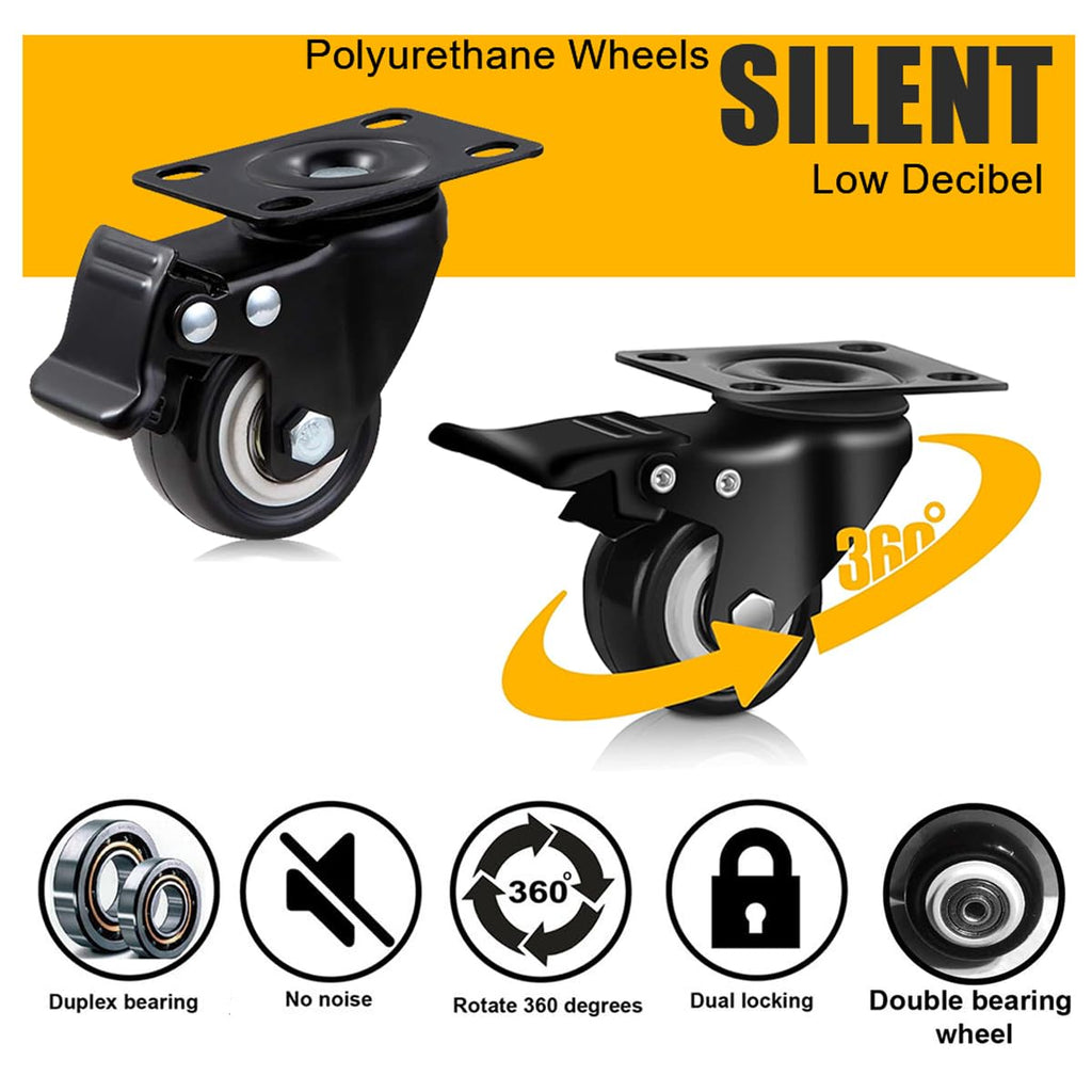 2 Inch Caster Wheels, Set of 6 Heavy Duty Swivel Plate Casters with Brake | Industrial Casters with Dual Ball