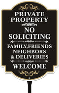 No Soliciting Sign with A Sturdy 35-inch Height Stake Aluminum | 12 x 8 inch Private Property Sign Black UV Protected