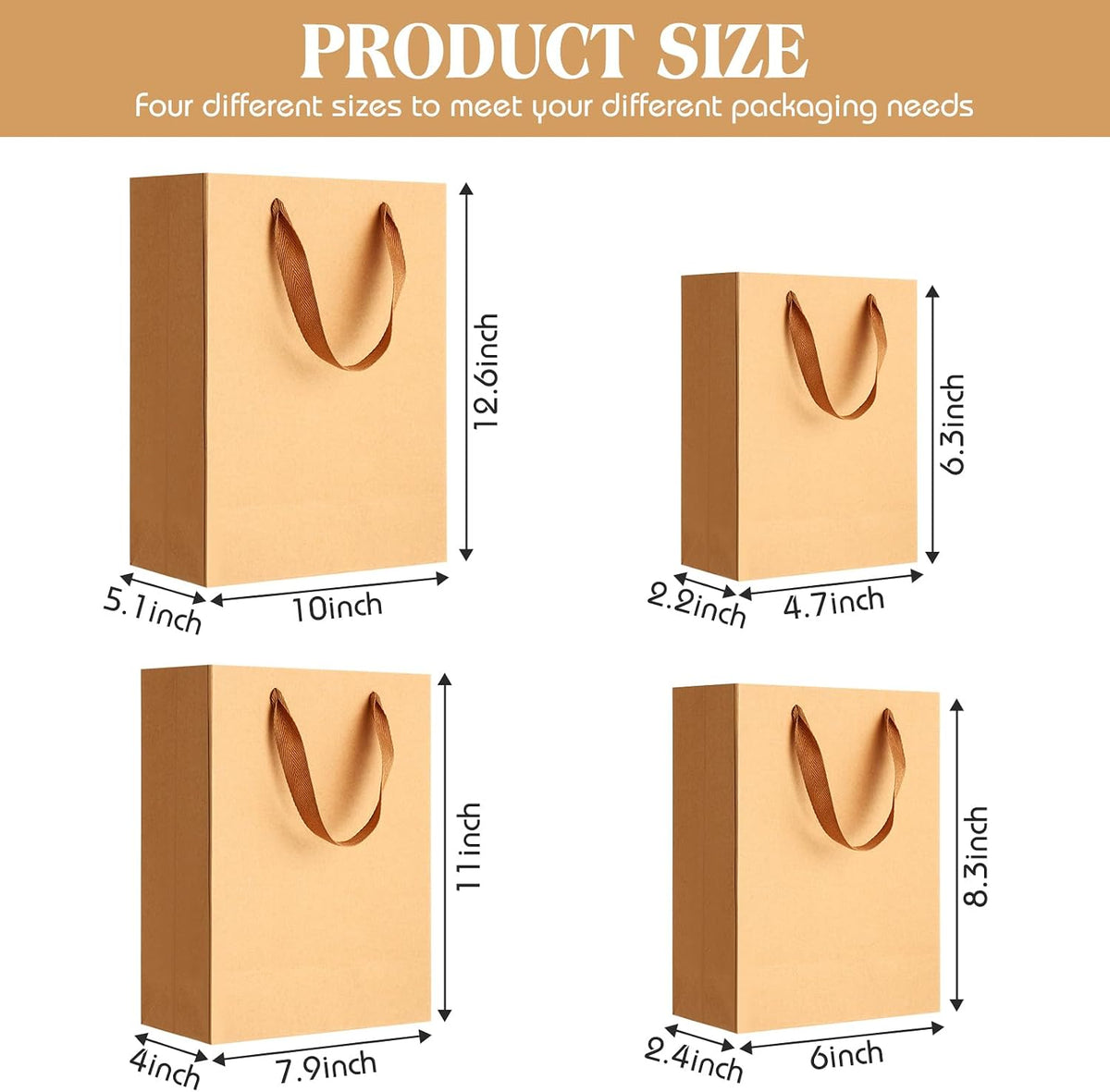 40 Pack Kraft Gift Bags with Handles 4 Sizes,Vertical,Brown