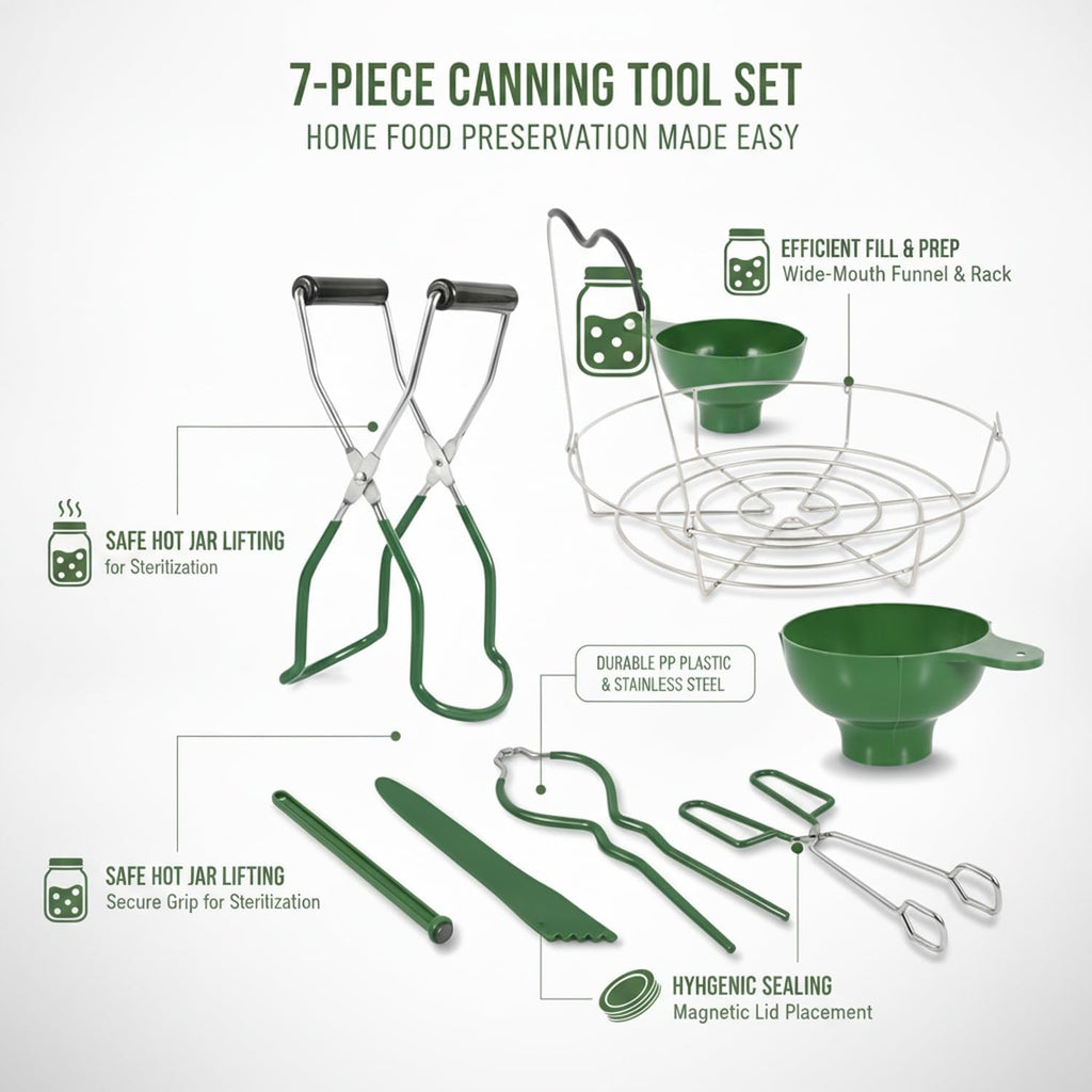 7-Piece Canning Tool Set for Home Food Preservation, PP Plastic Kit with Jar Lifter, Funnel, and Magnetic Lid Wand
