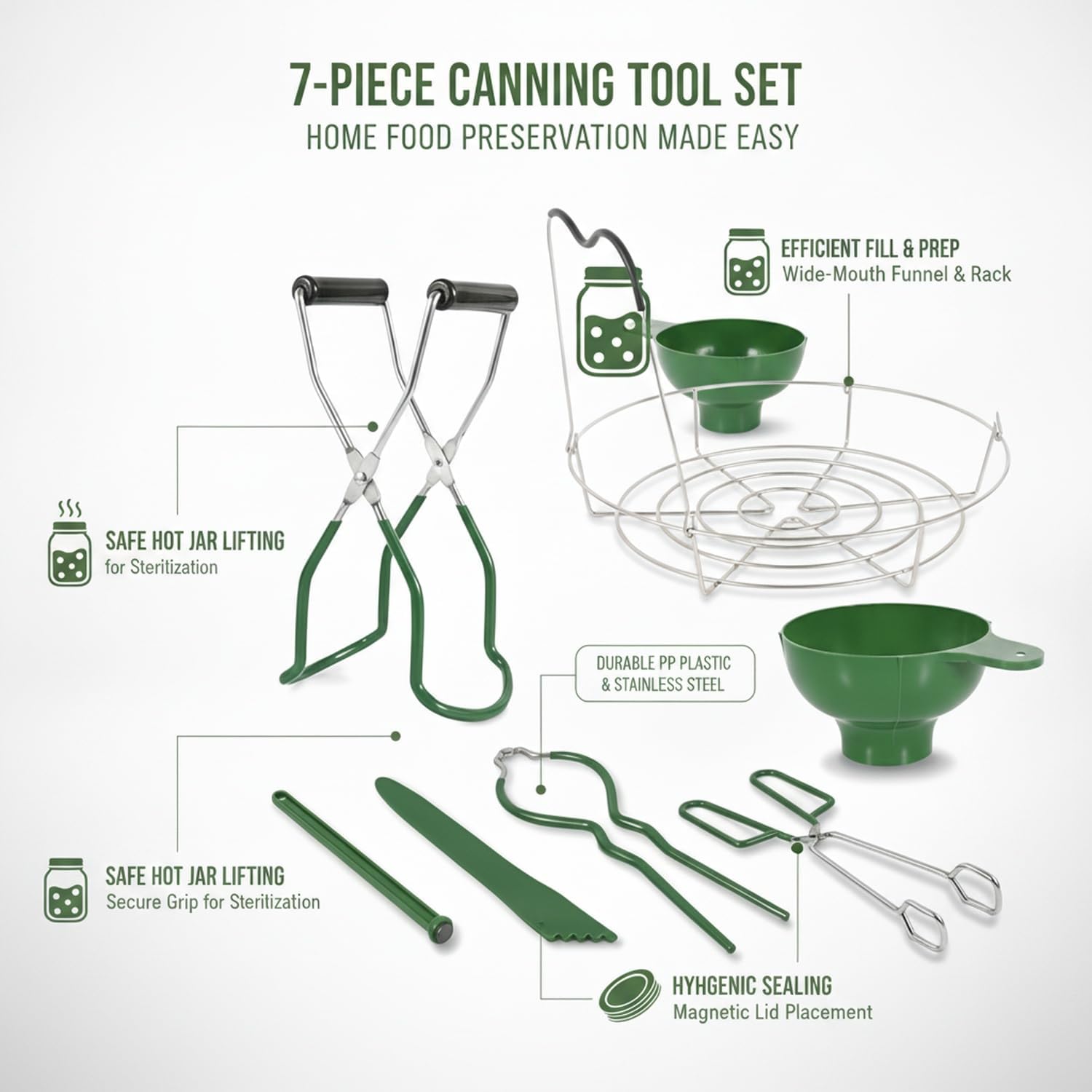 7-Piece Canning Tool Set for Home Food Preservation, PP Plastic Kit with Jar Lifter, Funnel, and Magnetic Lid Wand
