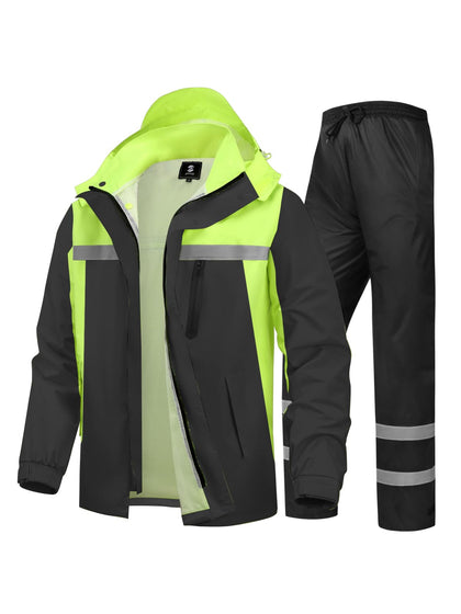 Men's High Visibility Reflective Work Rain Suit Black/Green L
