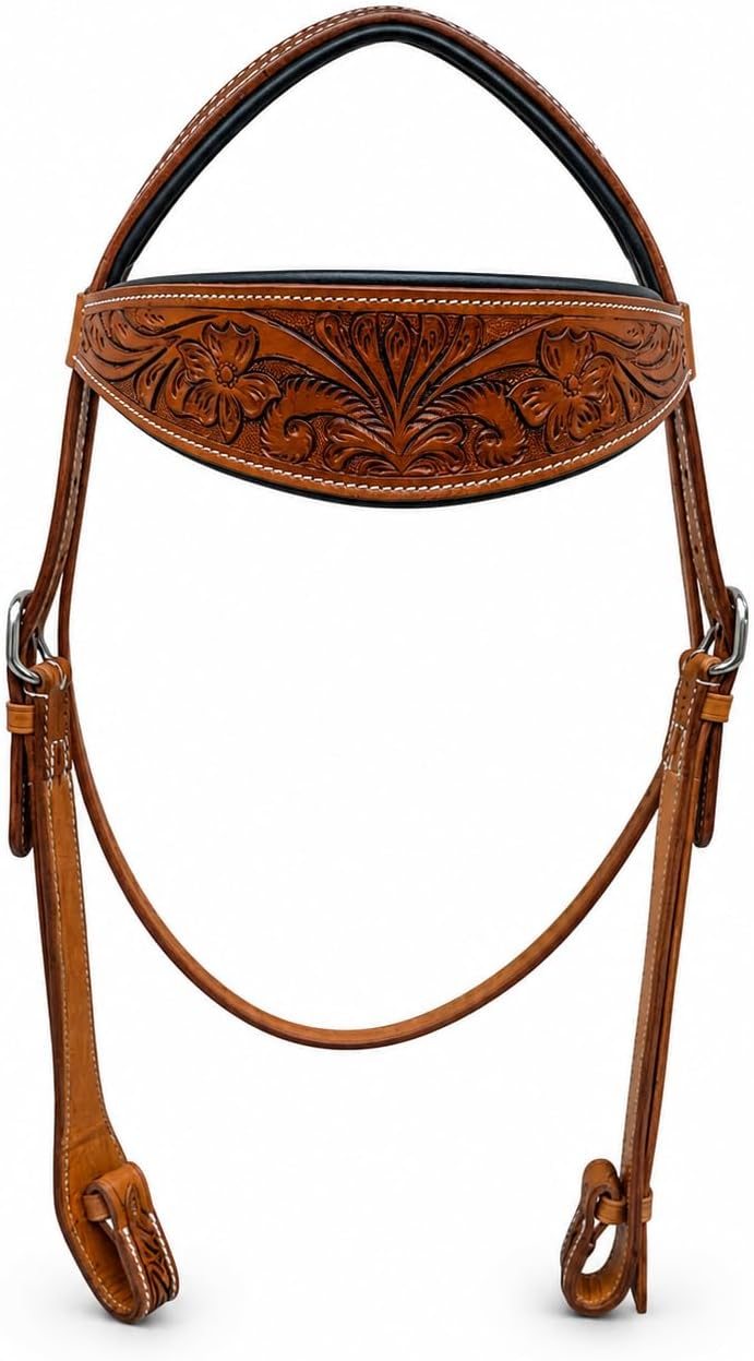 Hottmess Horse Headstall, Natural, Super Leather, Antique, Tooling, Quick Bit Change Western Headstall (Browband, Full)