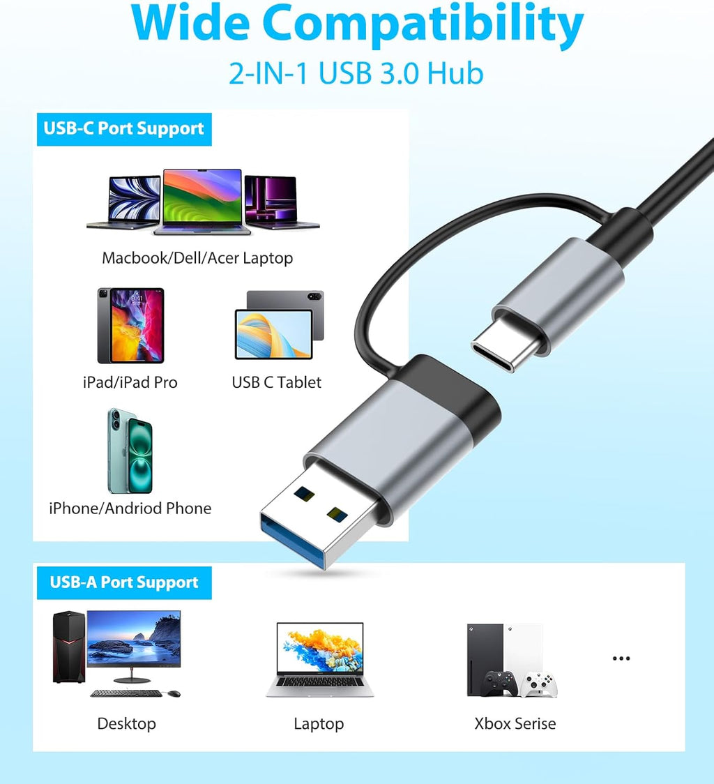USB C Hub USB Hub 3.0 for Laptop, Upgrade 8 in 2 USB Splitter with USB-C/4 USB A Port Extender, TF/SD Card Slot