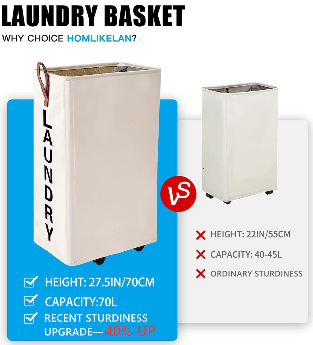 70L Large Rolling Laundry Hamper - Tall Narrow Basket With Wheels, Slim Clothes Bin, 27.5" Beige