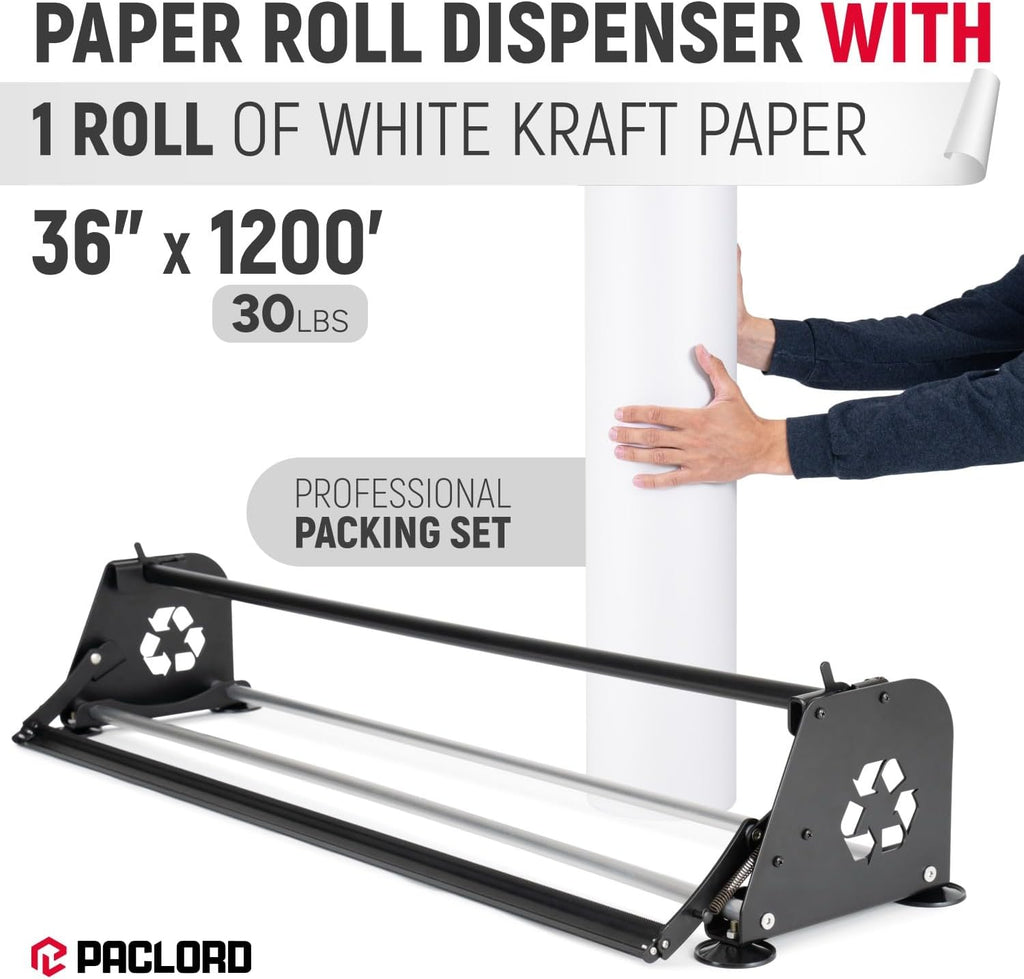 36" Paper Dispenser with Cutter + White Kraft Paper Roll
