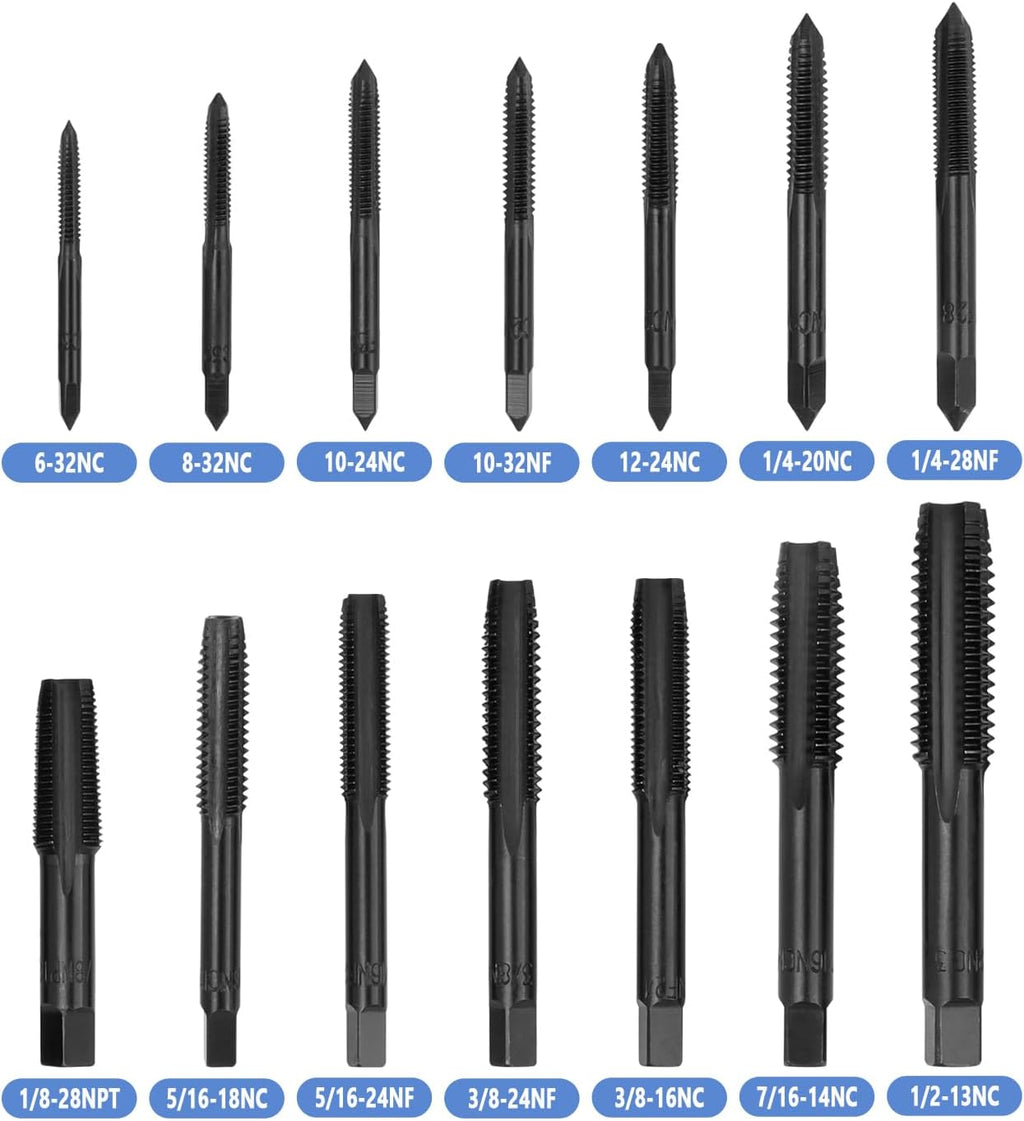 Mesee 14 Pieces Thread Tap Combination Set Nitriding Coated HSS Straight Flute Thread Screw Taps SAE Size Machine Drill Thread Tapping Tool 6-32NC to 1/2-13NC