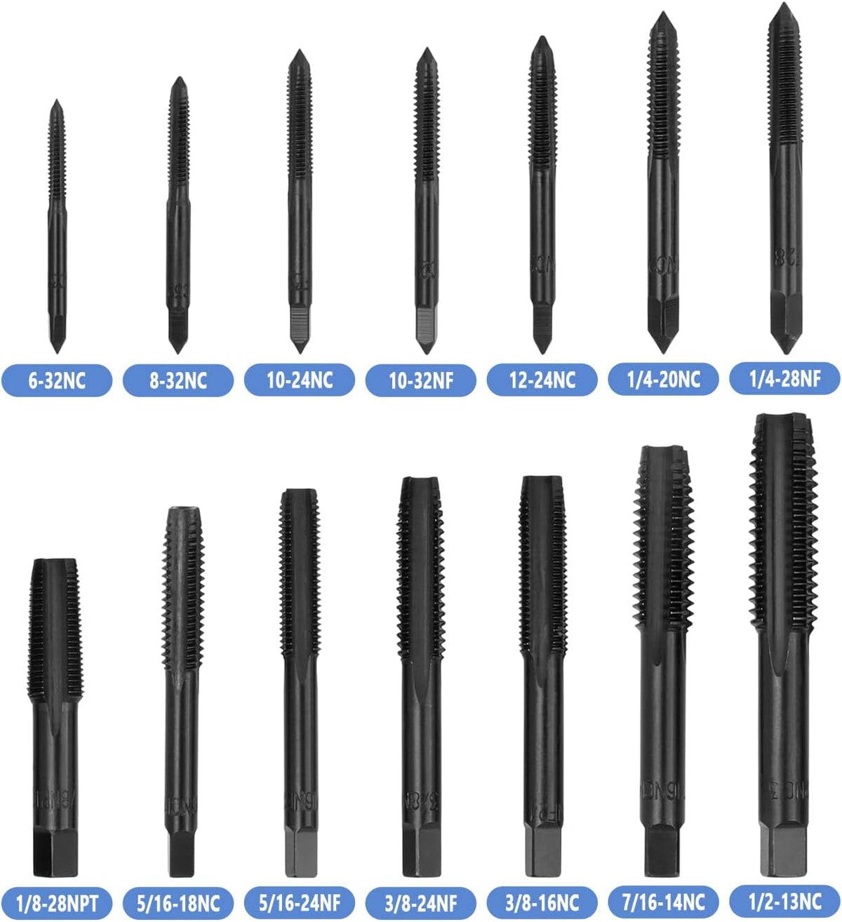 Mesee 14 Pieces Thread Tap Combination Set Nitriding Coated HSS Straight Flute Thread Screw Taps SAE Size Machine Drill Thread Tapping Tool 6-32NC to 1/2-13NC