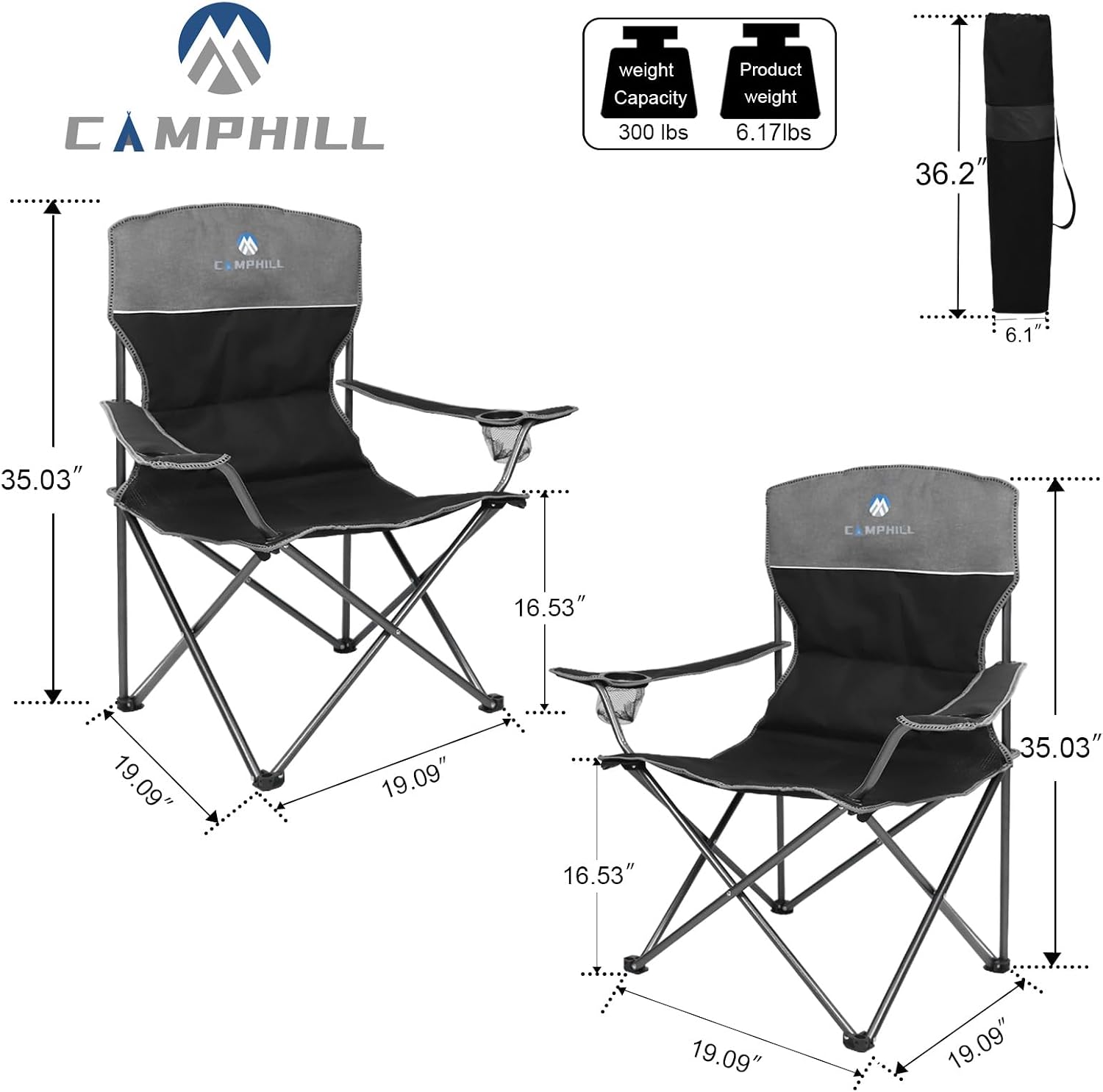 Camping Chair Set of 3, Outdoor Folding Camping Chairs for Heavy People with Cup Holder & Carry Bag,Collapsible Chair