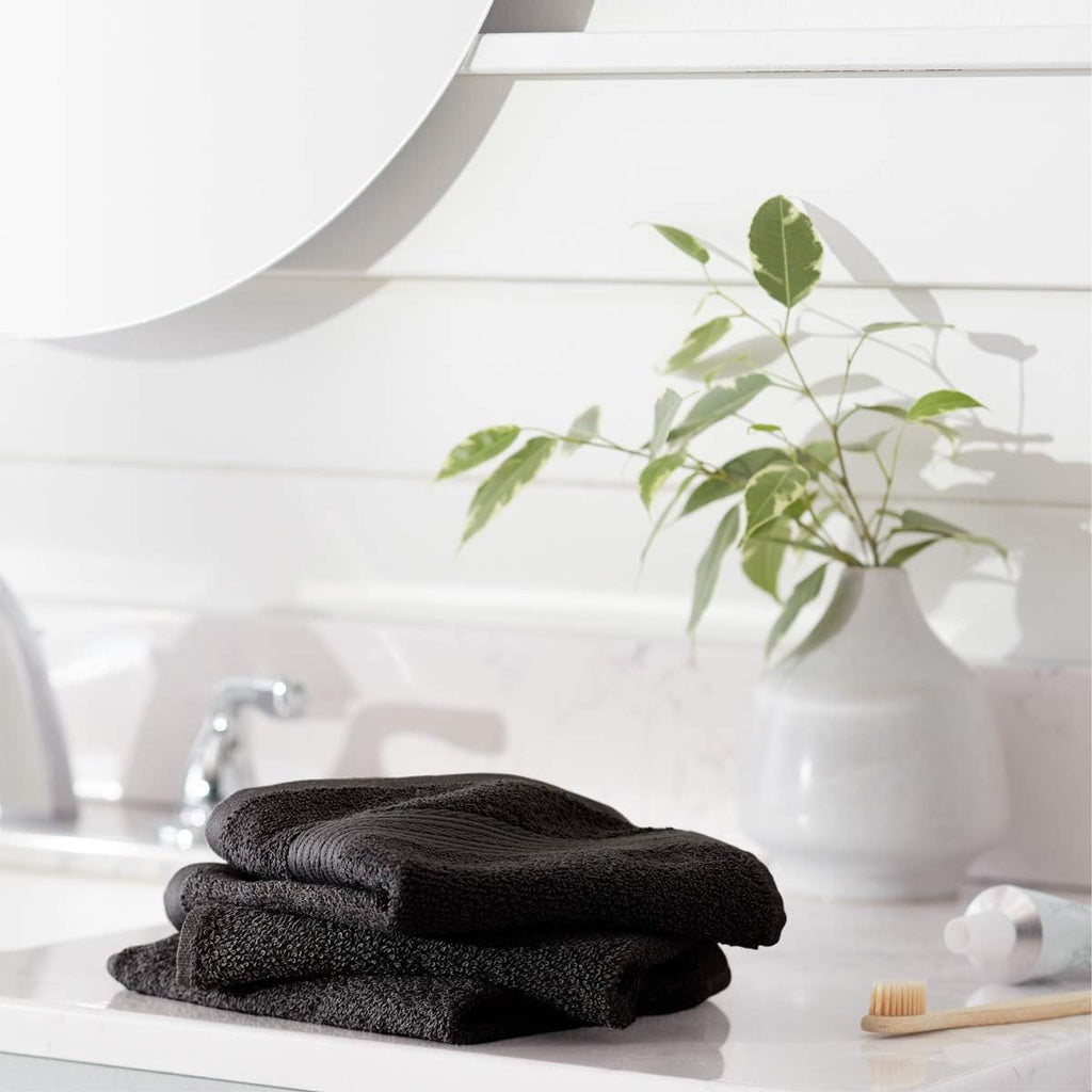 Highly Absorbent Cotton Washcloths for Face, Soft, Machine Washable, Fade Resistant, 12 x 12 in, Black, 12-Pack
