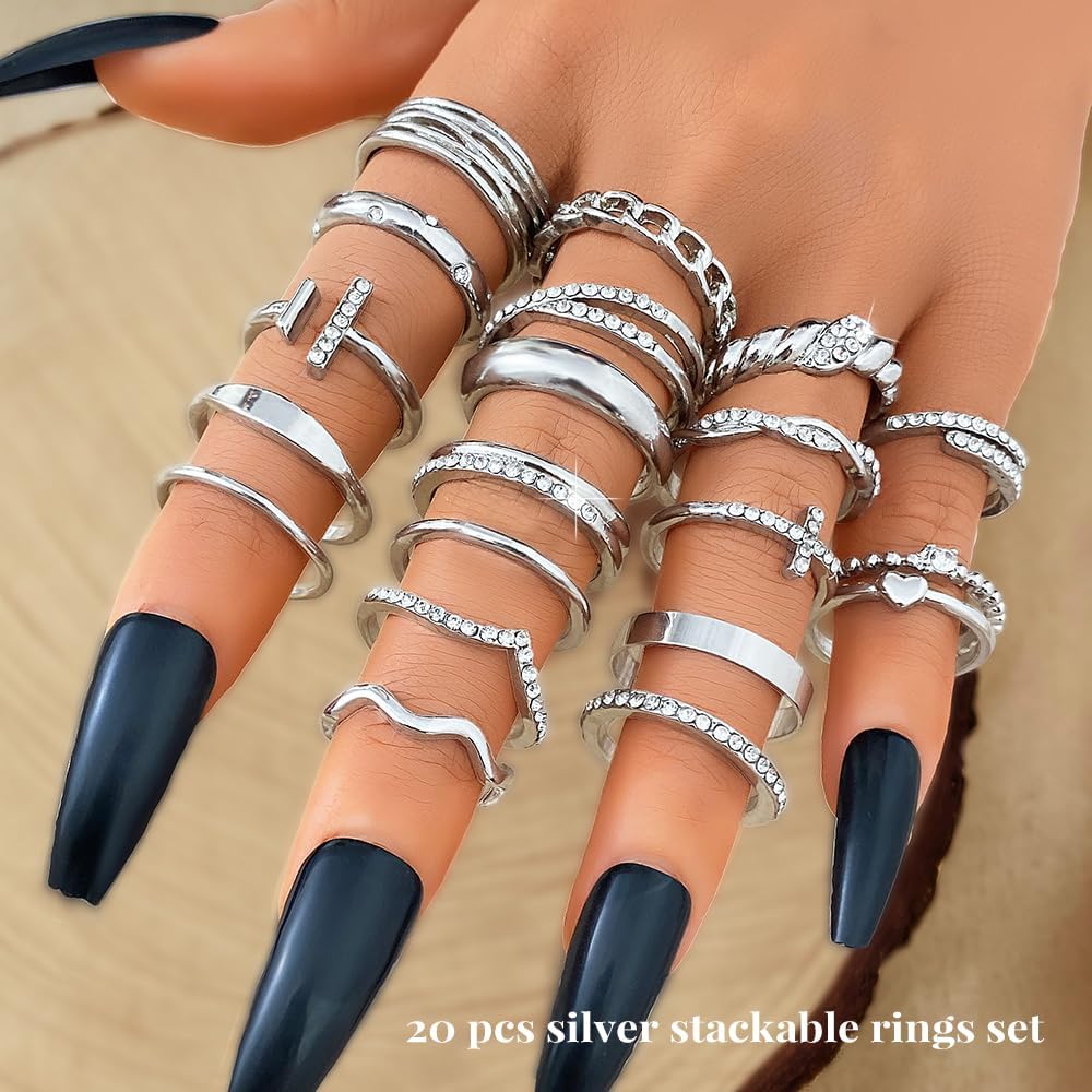 20Pcs Stackable Rings for Women, Gold Black Silver Knuckle Ring Set, Dainty Chunky Statement Rings for Daily Wear
