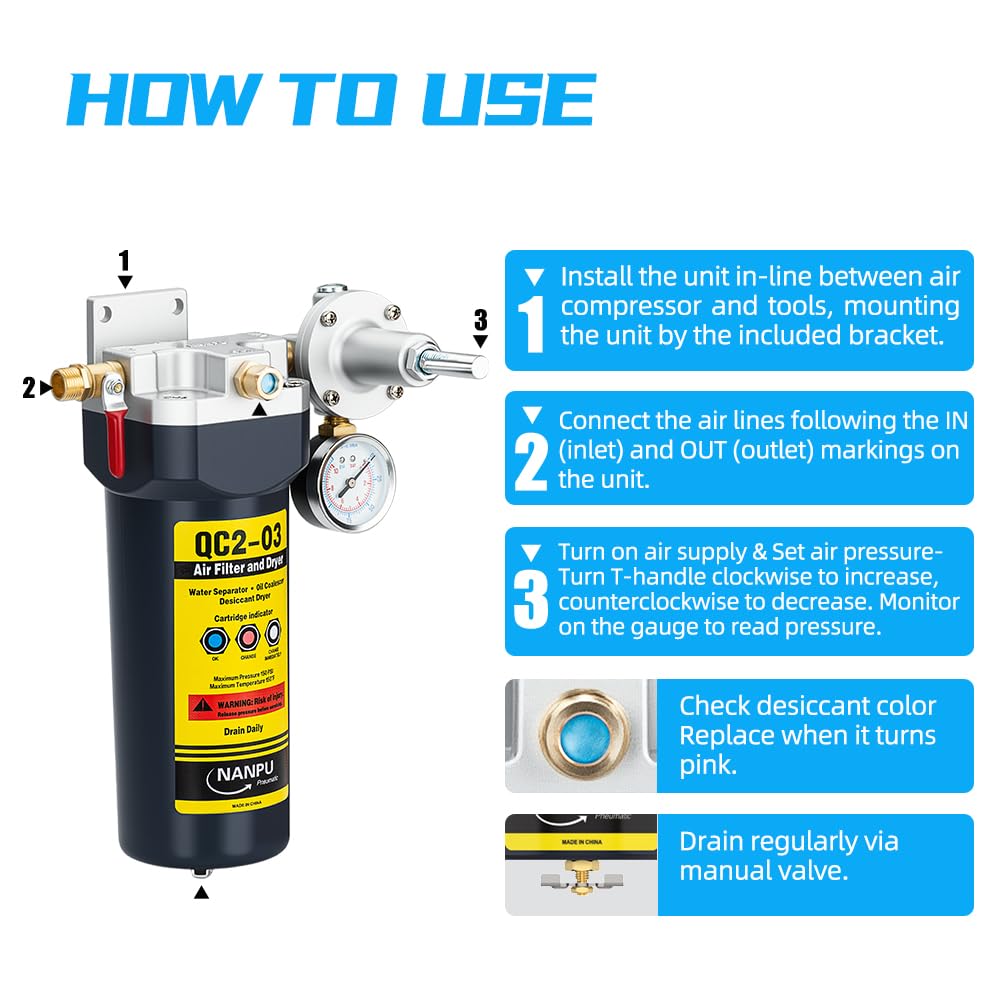 NANPU QC2 1/2" NPT Desiccant Air Dryer with Regulator and Gauge