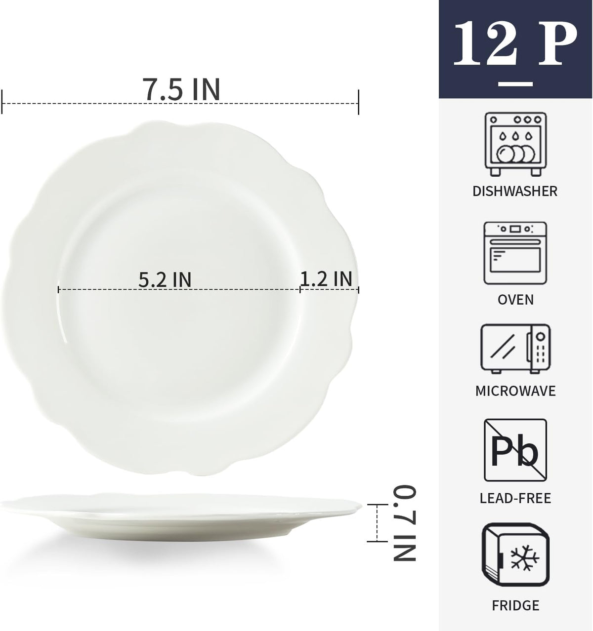 7.5” White Porcelain Small Dinner Plates Leave Wave Rim Set of 12
