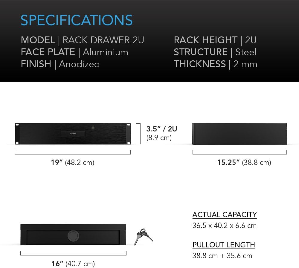 AC Infinity Rack Mount Drawer 2U, Locking Storage for 19" Server & AV Racks