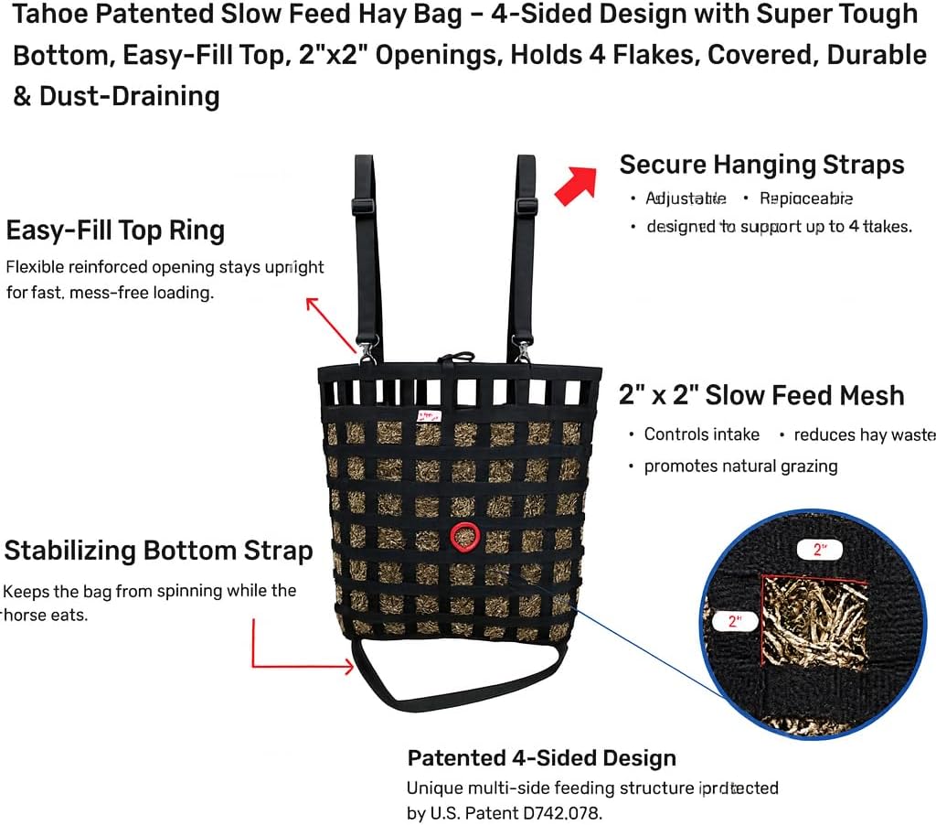 Slow Feed Hay Bag for Horses – Patented Durable Nylon Hay Bag with 2"x2" Mesh, Easy-Fill Top Ring, Tough Bottom for