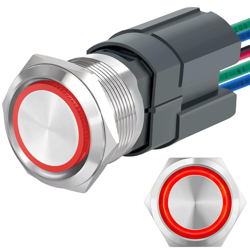 UL Listed 15Amp 22mm Momentary Push Button Switch, IP67 Waterproof, DPST 2NO, Stainless Steel 304, On Off Switch with Wire Socket, 110V Red LED.