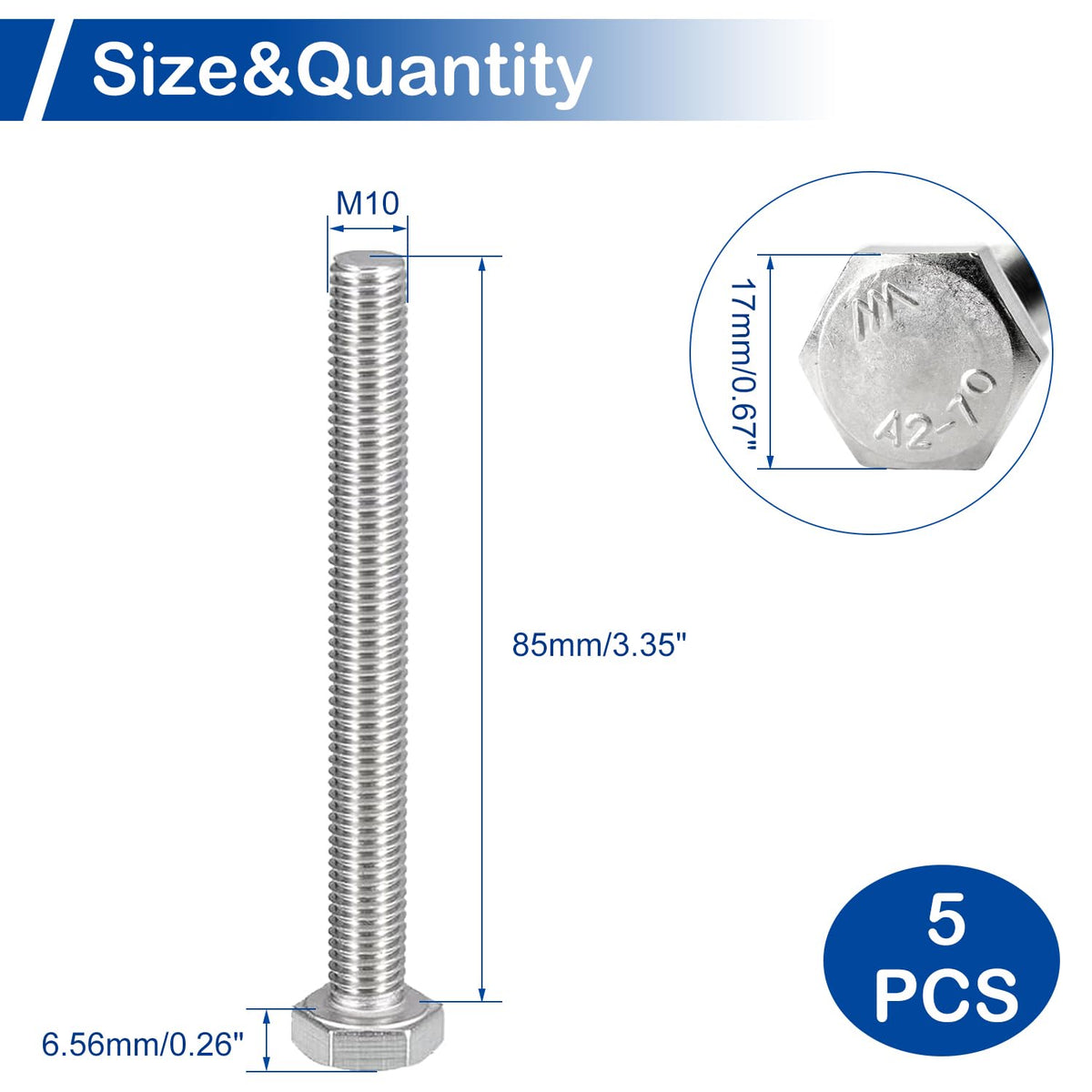 MroMax 5Pcs M10-1.5 Hex Bolts, M10 x 85mm Hex Head Screws Bolts