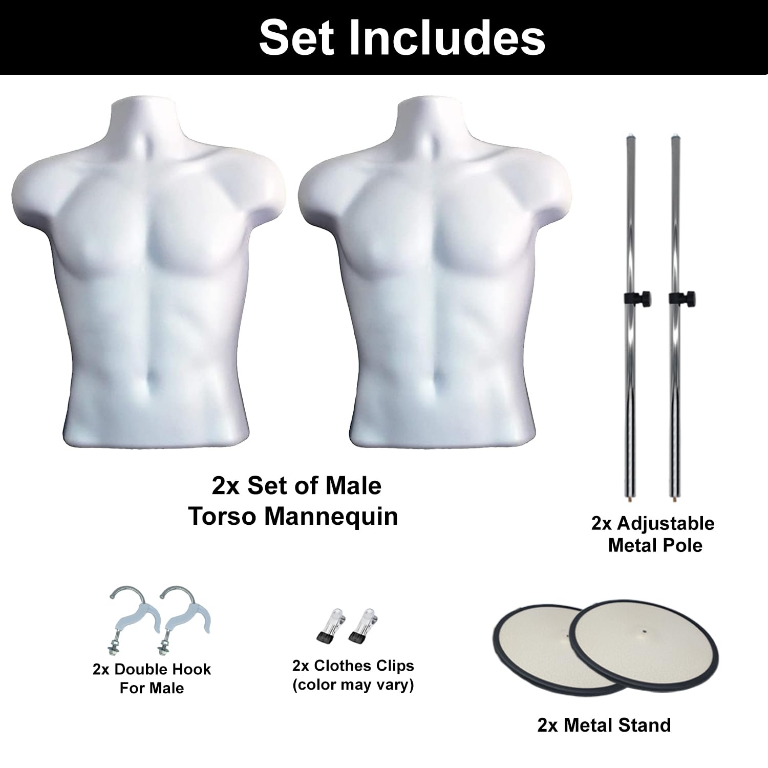 Male Mannequin Torso with Metal Stand Hollow Back Body Stackable Dress Form for Tshirt Display, Countertop, Craft