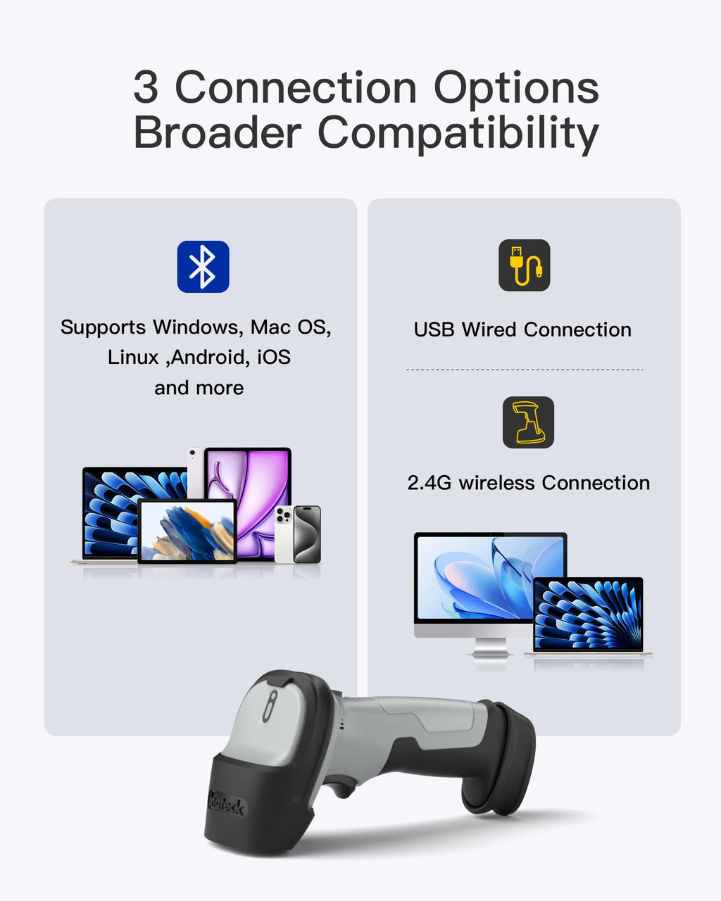 2D Barcode Scanner, Wireless Bluetooth QR Code Scanner with Cradle
