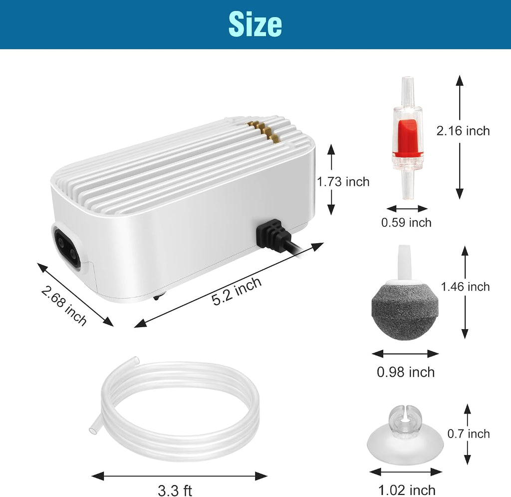 Quiet Aquarium Air Pump 5W Fish Tank Oxygen Aerator Pump with Air Stone Airline Tubing Check Valve Aquarium Bubbler