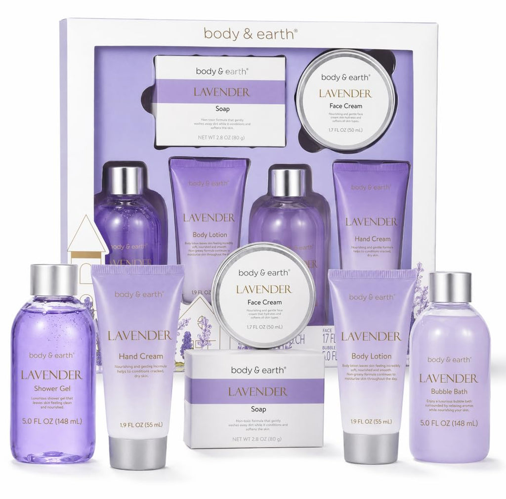 Bath and Body Gift Set - 6 Pcs Lavender Bath Kit for Women Spa Set, Birthday, Mother's Day Gift Set for Women