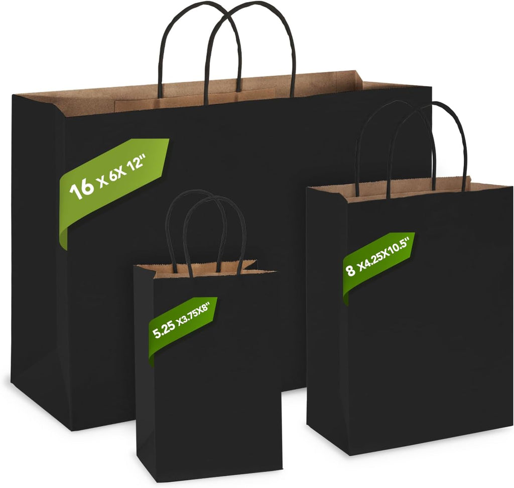 25 Pack Large Black Paper Bags with Handles, 16x6x12 Inch